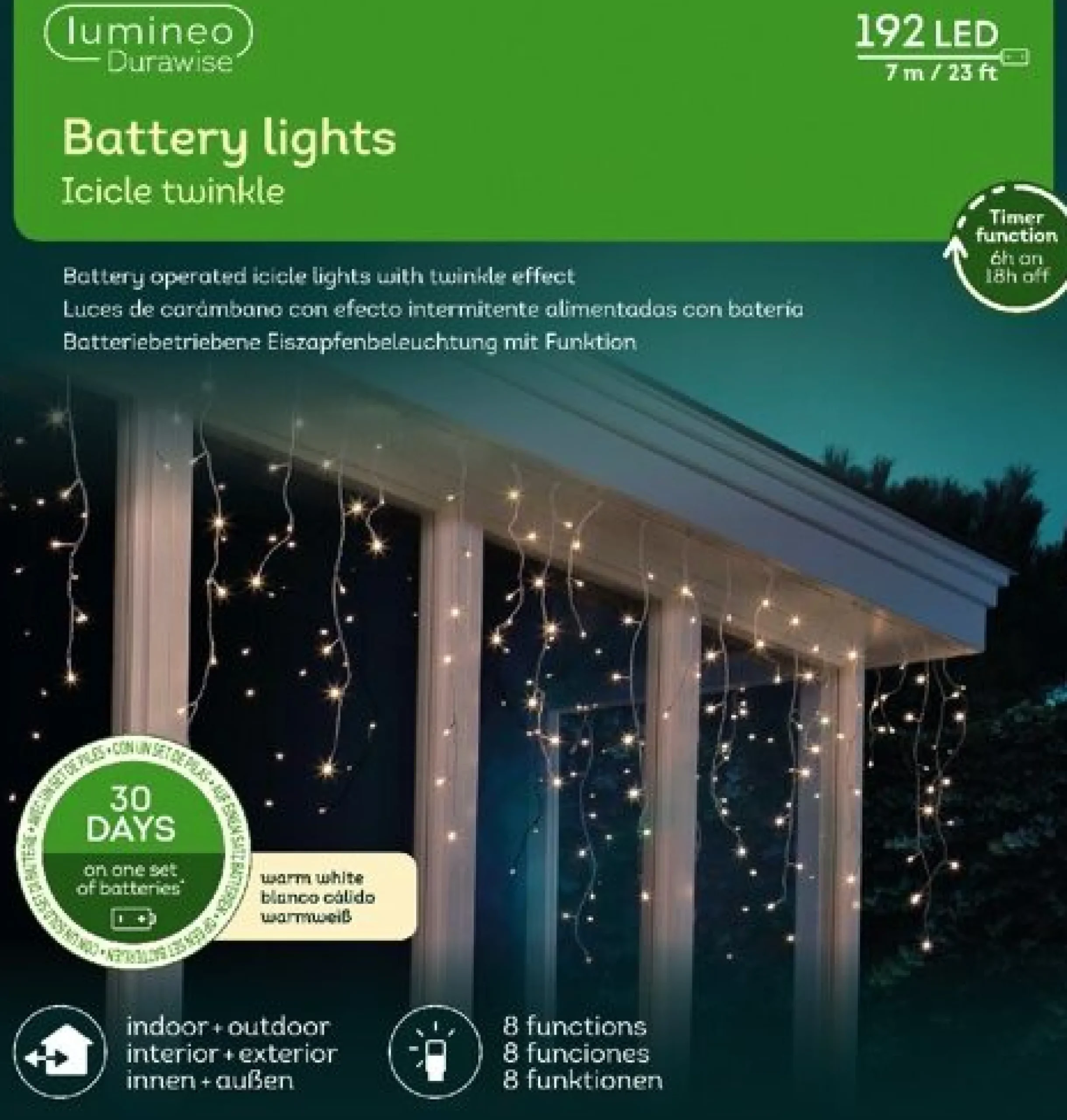 192 Durawise Warm White Battery Icicle Christmas Lights