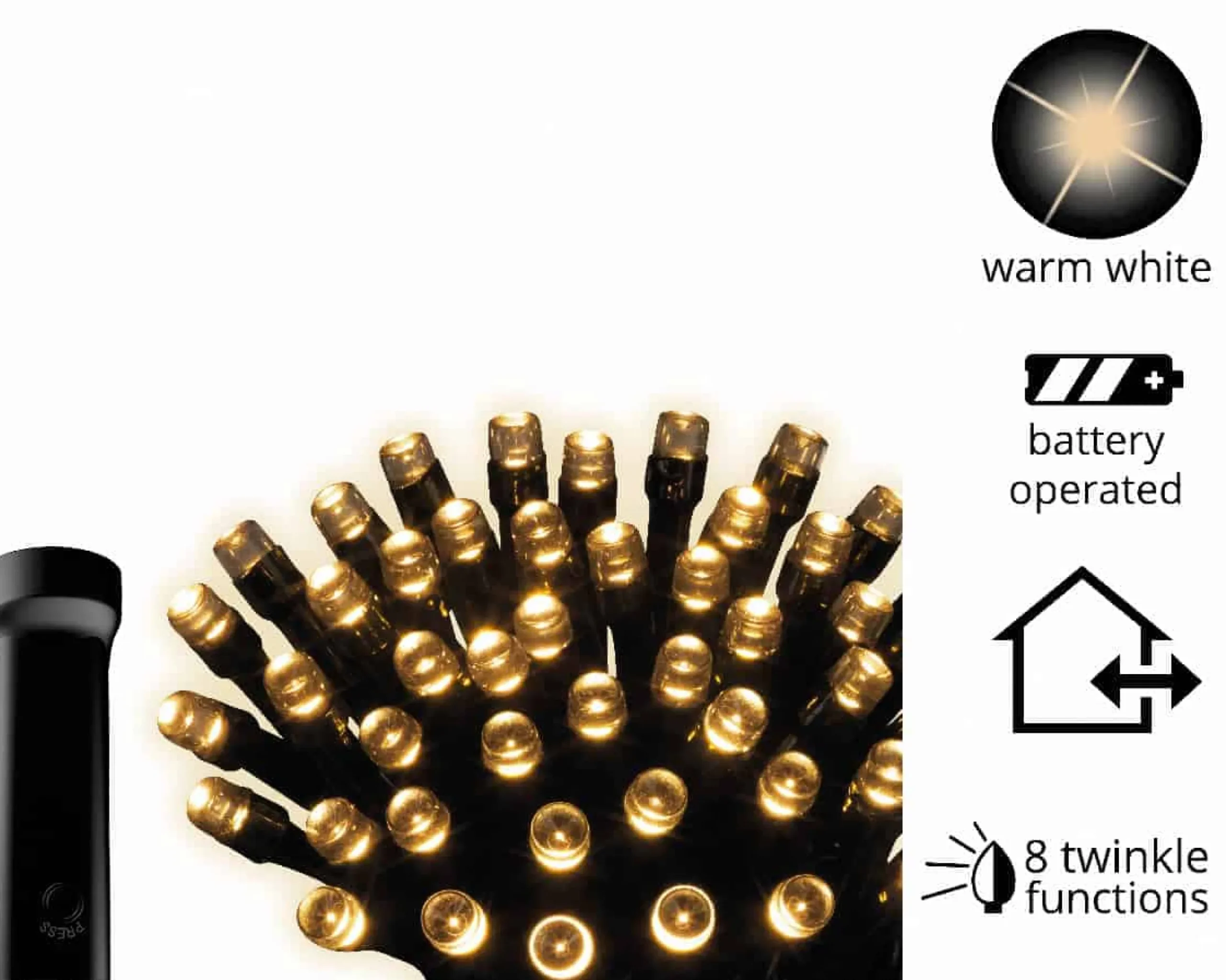 Durawise Warm White Battery Christmas Lights With Timer (Black Wire) Various Sizes